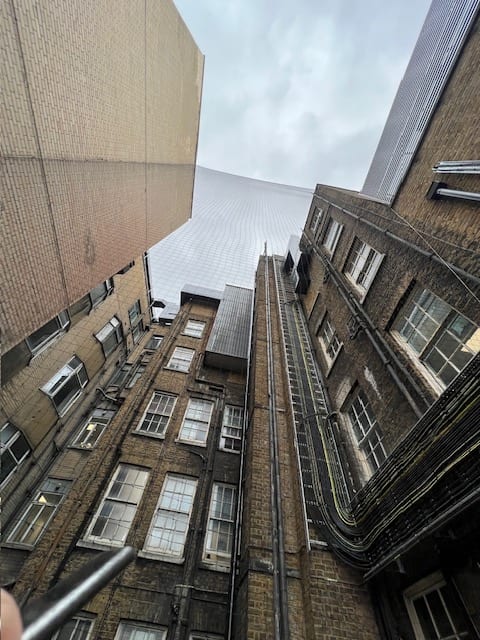 Bird netting spanning a narrow lightwell between brick buildings