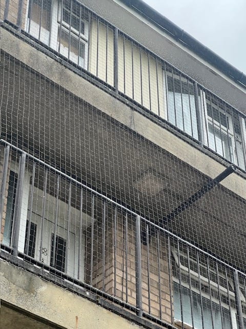 Bird netting to deck-access walkways on a residential block